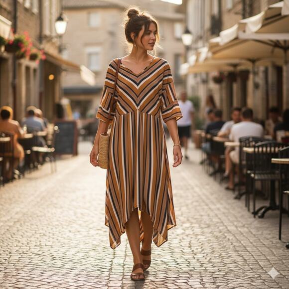 Umgee Striped Dress Womens L Asymmetrical Lagenlook Boho Midi Western Brunch - Picture 1 of 7